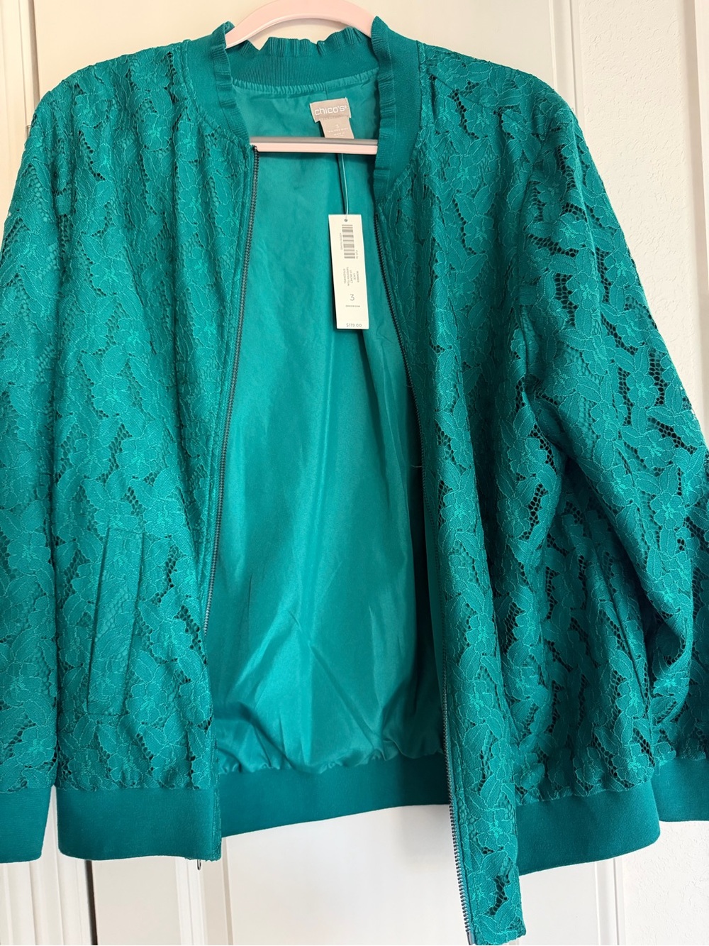 Chico's Teal Lace Bomber Jacket - Women's Size 3 (XL)